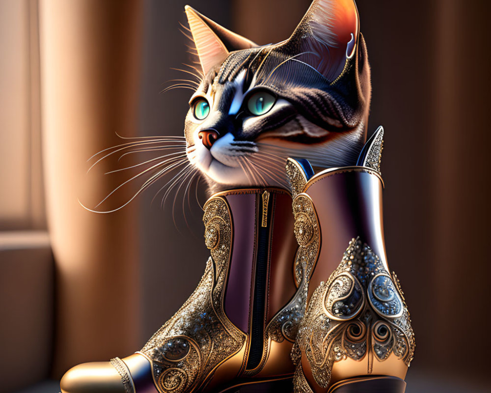 Realistic cat in ornate cowboy boot digital art piece