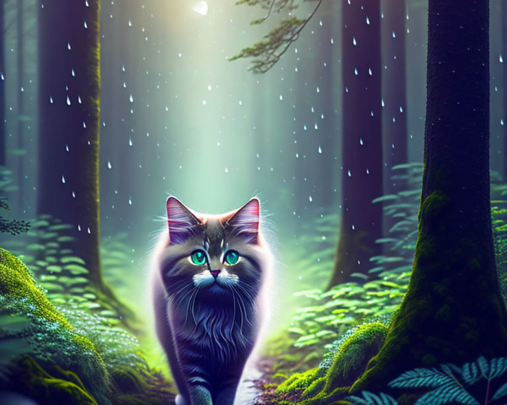 Fluffy cat with striking eyes in forest setting with ethereal light.