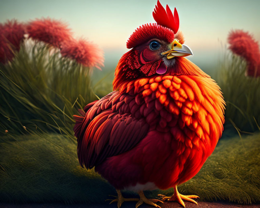 Colorful Chicken with Vibrant Red and Orange Feathers on Grass and Dusk Sky