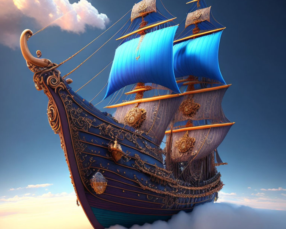 Fantasy-style ship with blue sails flying above clouds in clear blue sky