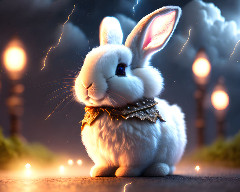 Luminous white rabbit with blue eyes in bowtie on stormy background