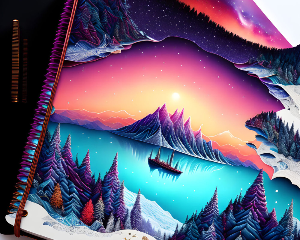 Surreal landscape illustration: vibrant colors, mountains, trees, lake, sketchbook, paintbrush