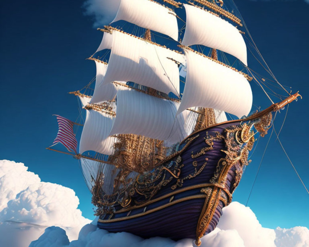 Golden-detailed sailing ship with American flag on blue sky.