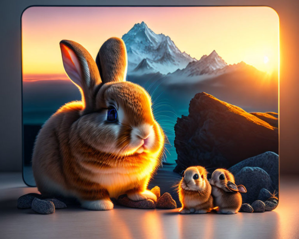 Three rabbits in front of mountain sunset scene with warm lighting