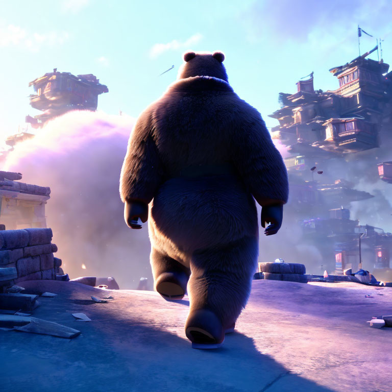 Animated bear strolls through misty urban setting