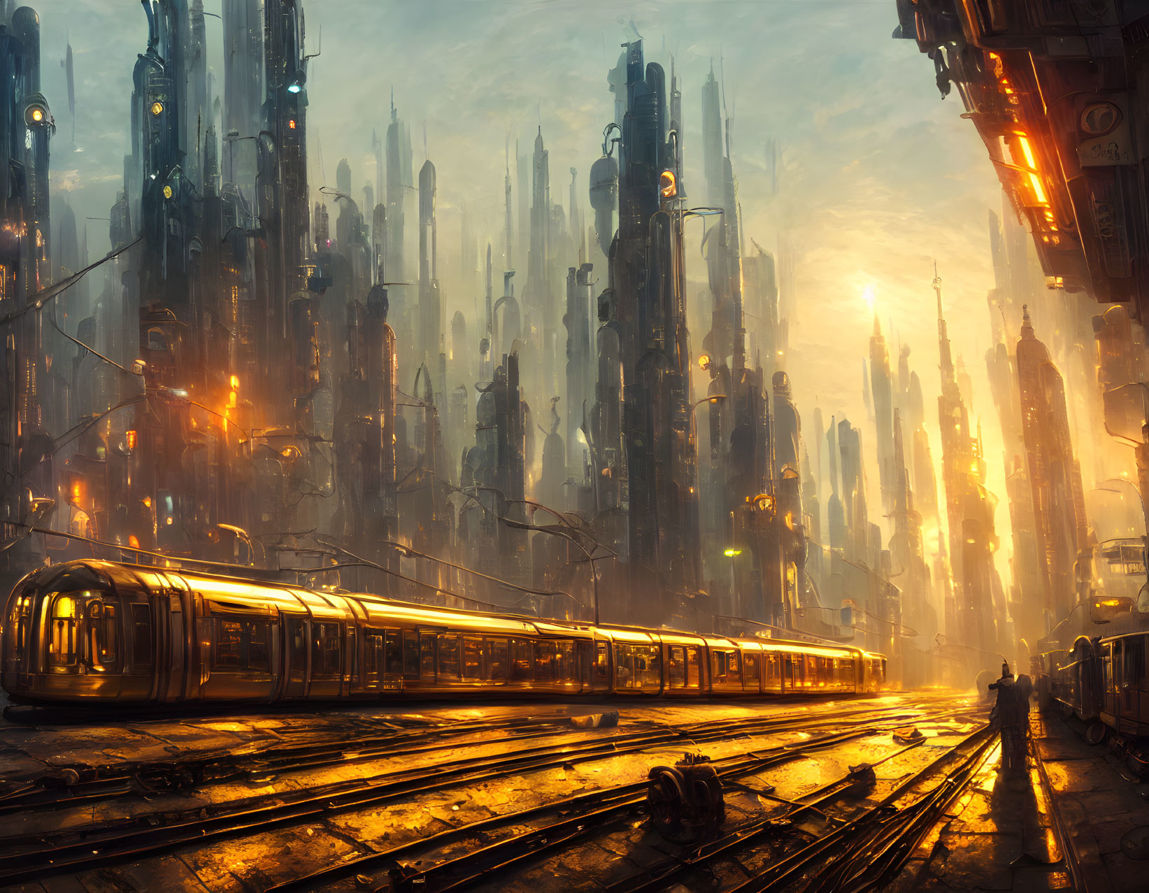 Futuristic cityscape with towering buildings and glowing train in warm light