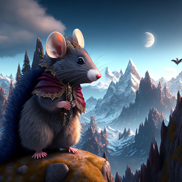 Animated mouse in cape gazes at fantasy landscape with dragon under crescent moon