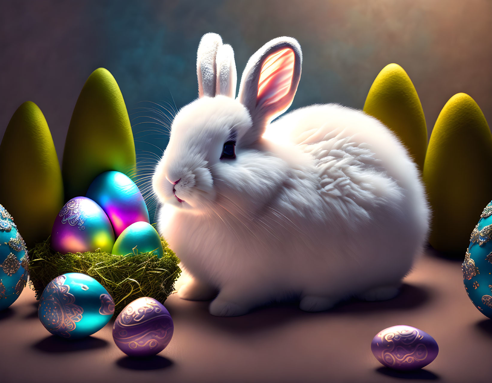 Fluffy white rabbit with colorful Easter eggs and vibrant trees