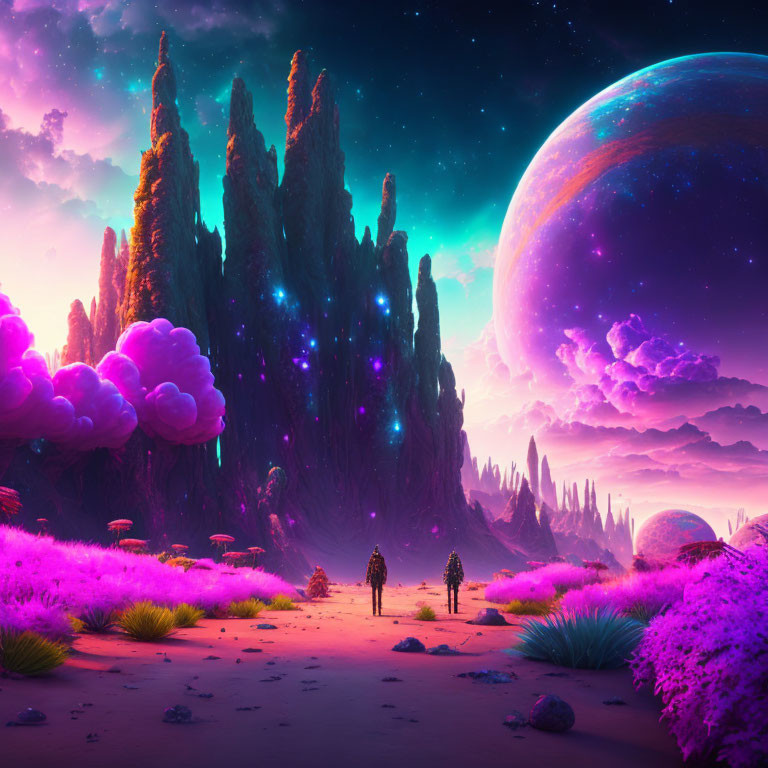 Alien world with towering rock formations, pink vegetation, purple sky, and large planet.