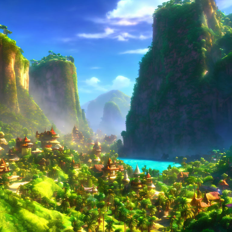 Sunlit fantasy landscape with green cliffs, river, and traditional buildings.