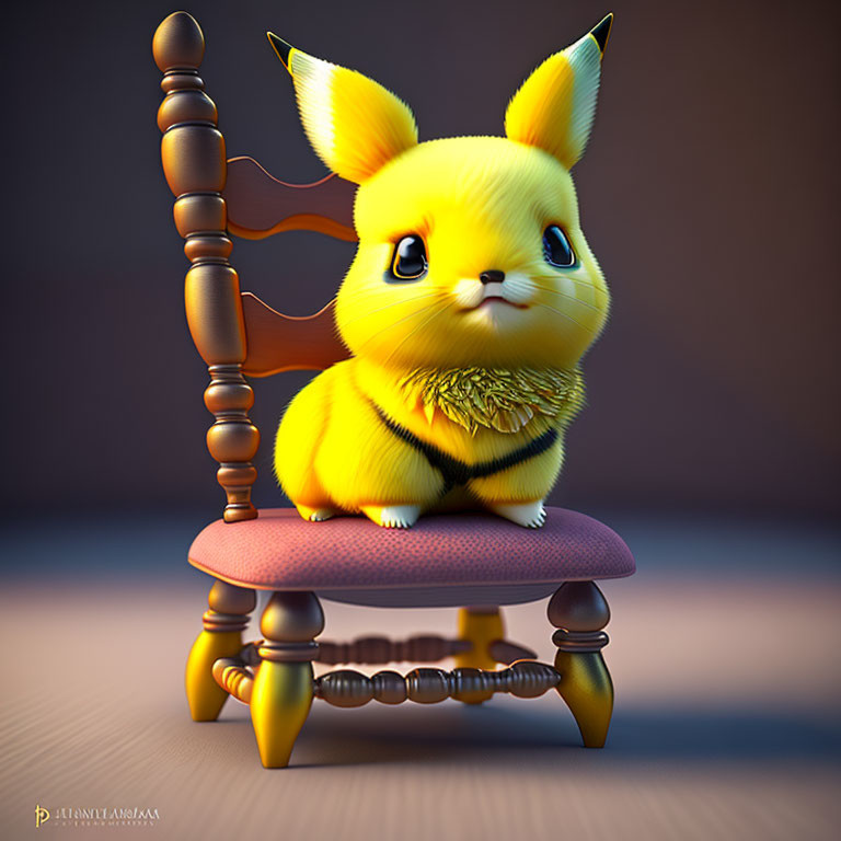 Stylized yellow creature on antique wooden chair - 3D illustration