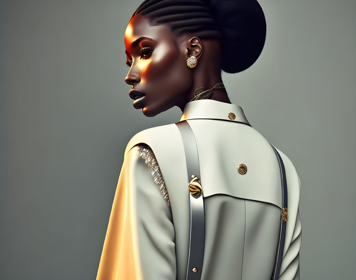 Elegant Woman in Stylish White Coat with Gold Accents