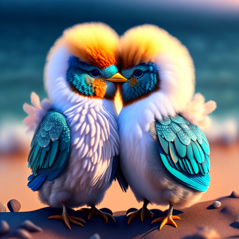 Vibrant stylized birds with white feathers and blue markings on a sandy beach at dusk