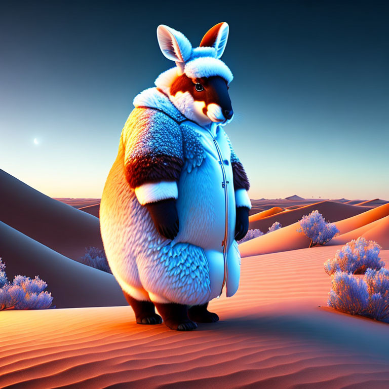 Stylized kangaroo in blue jacket in desert twilight