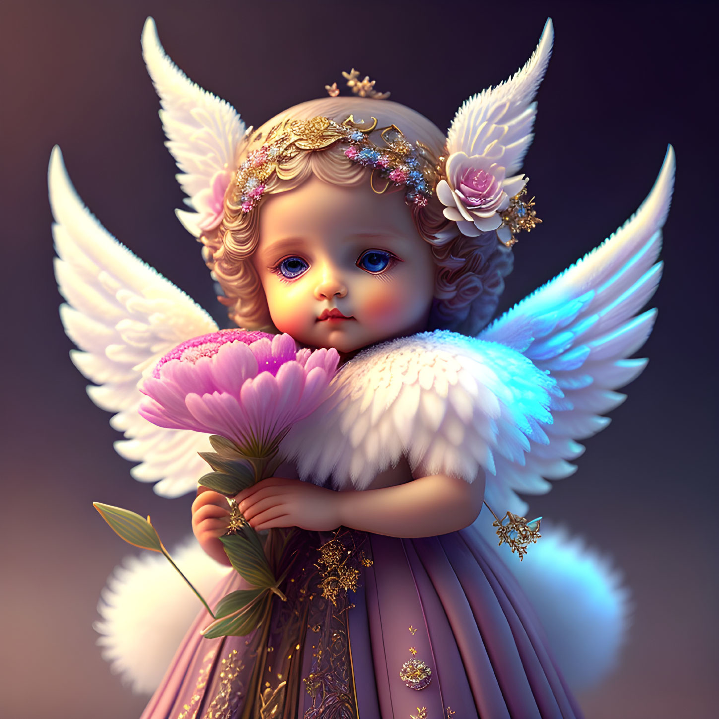 Cherubic figure with white wings holding pink flower in lavender dress