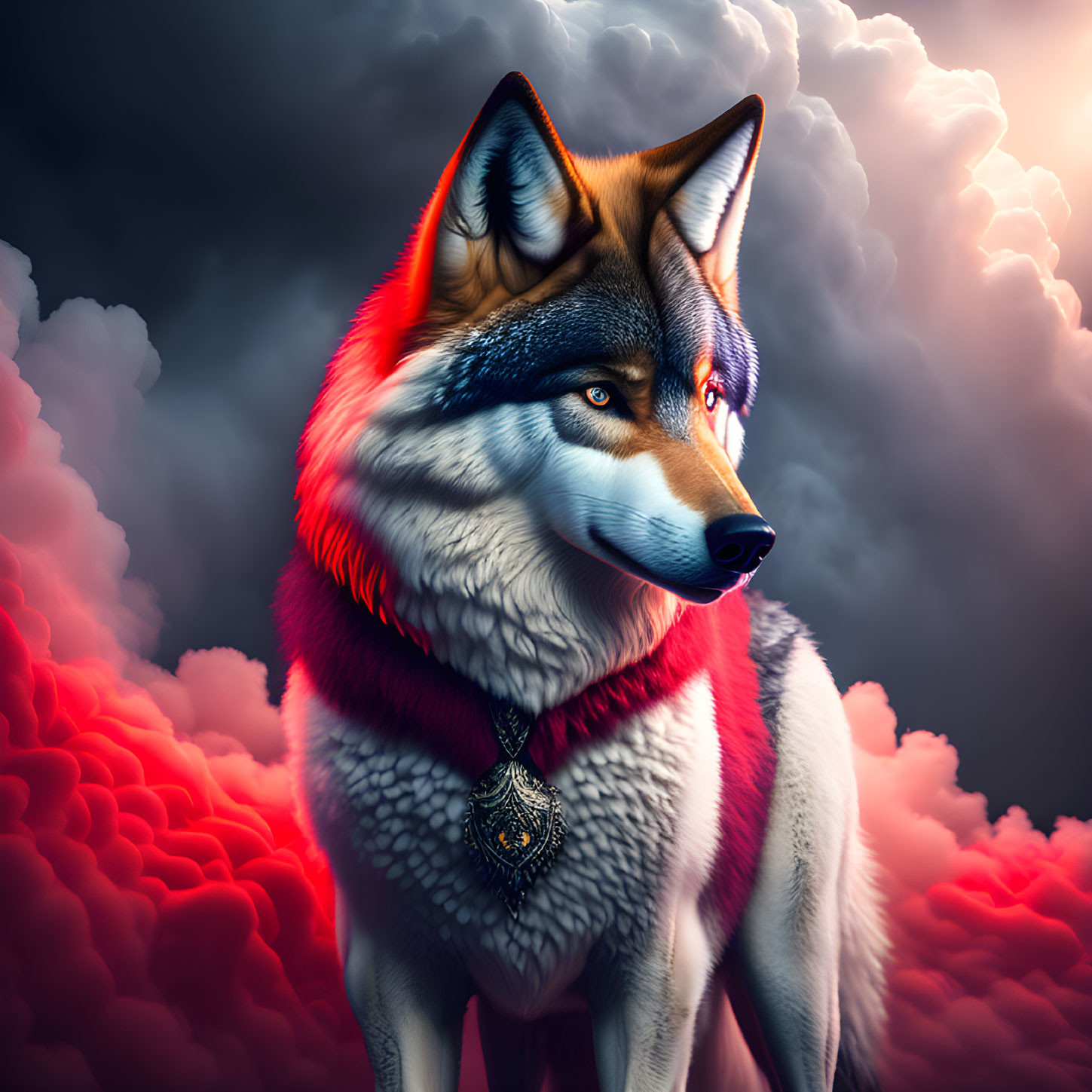 Colorful Wolf Portrait Against Dramatic Sky