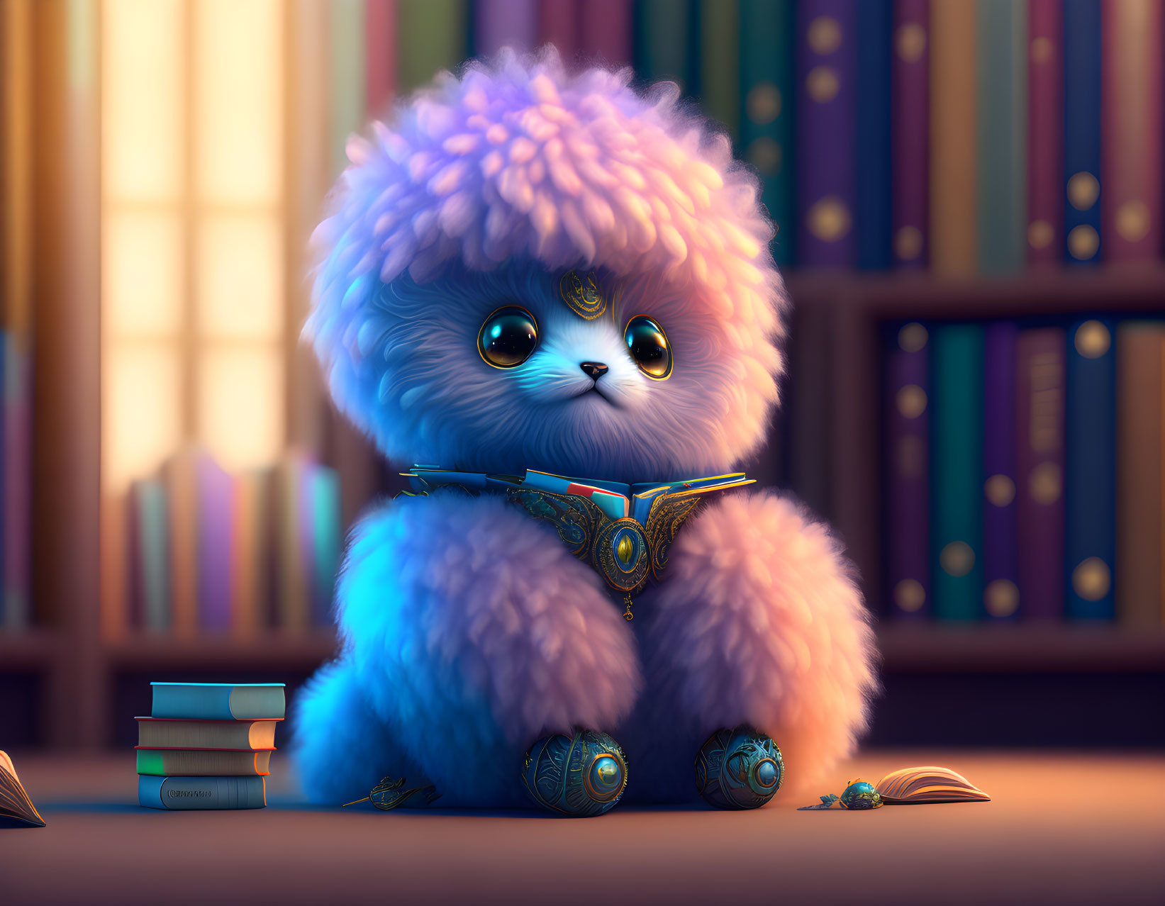 Blue fluffy cat-like creature in library with books and ornate collar