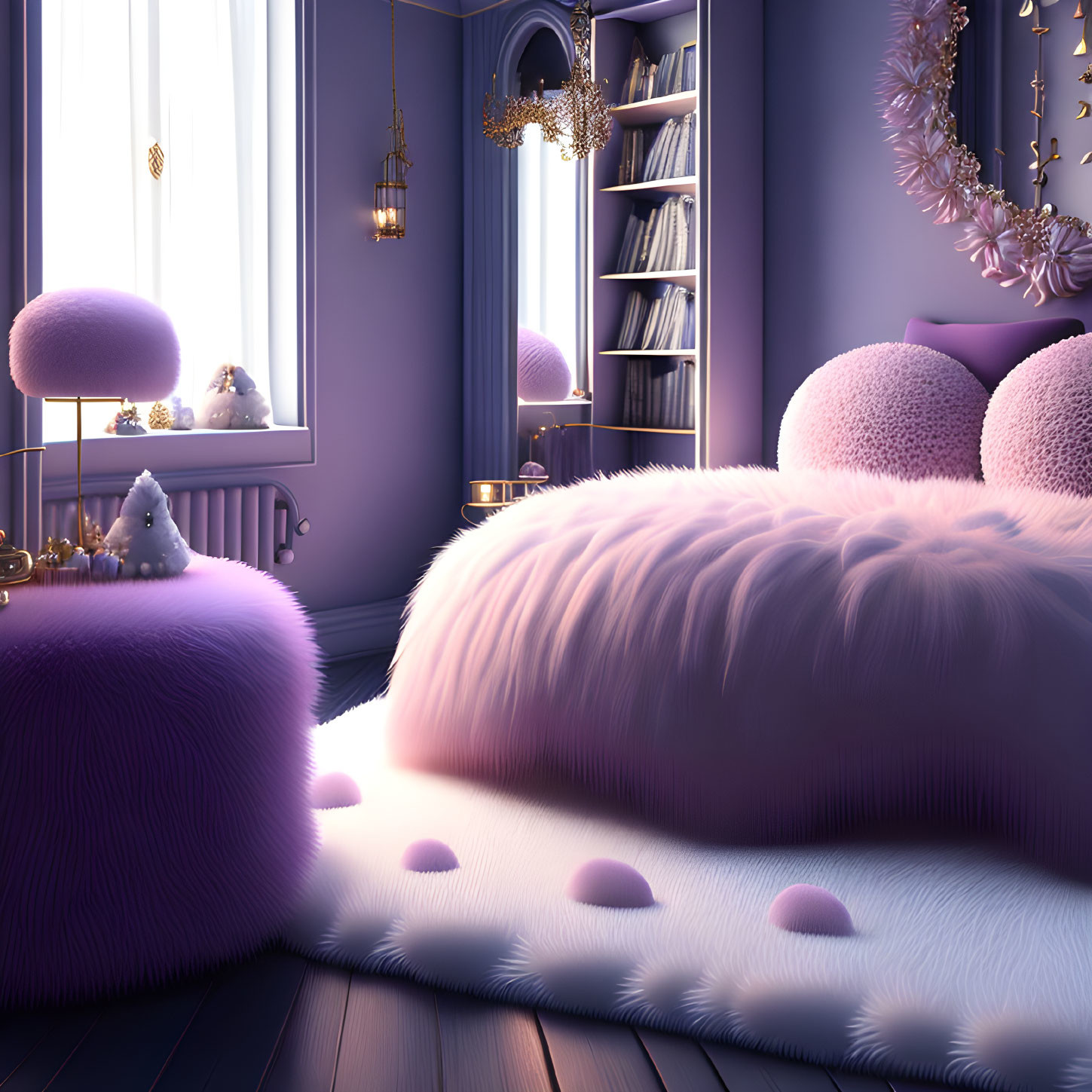 Purple-themed Room with Fluffy Furniture and Decorative Lights