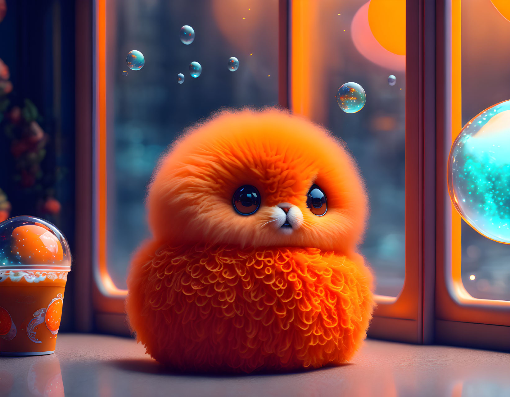 Fluffy Orange Creature by Window with Bubbles and Glowing Sphere