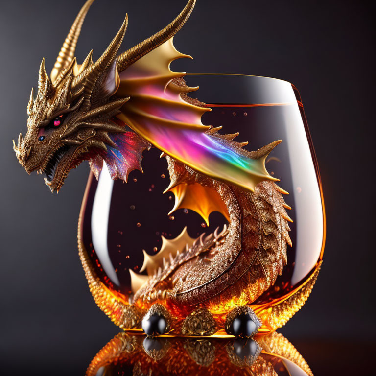 Golden dragon emerges from whiskey glass on dark backdrop with rainbow effect.