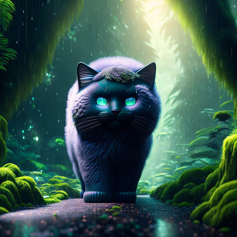 Black cat with green eyes in rainforest under gentle rain and subtle backlight