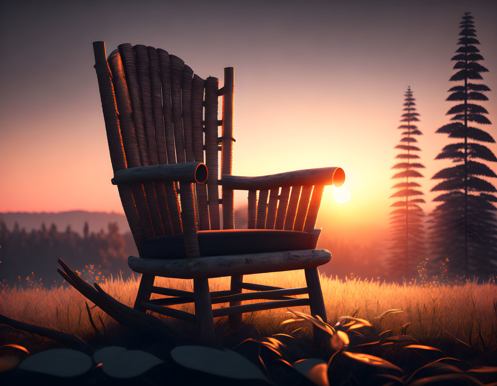 Wooden Rocking Chair in Sunset Field with Pine Trees