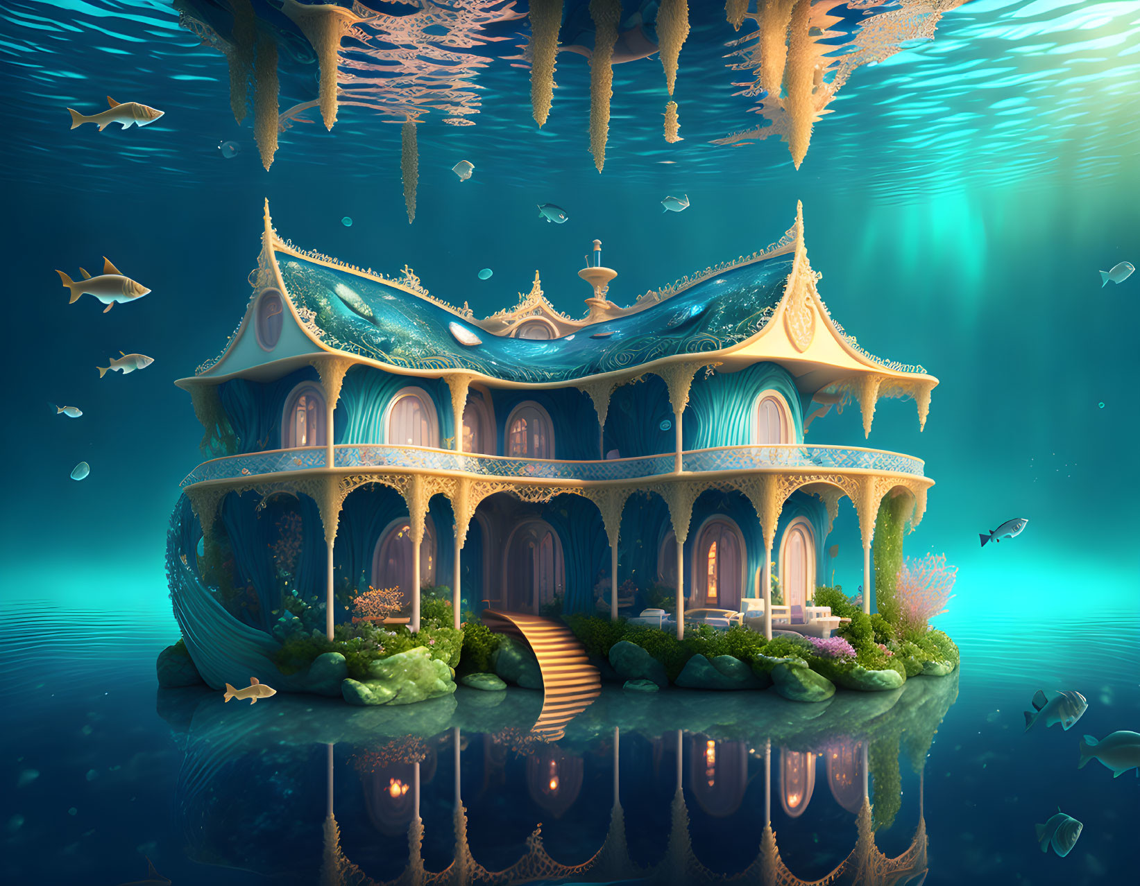 Ornate Underwater Fantasy Palace Surrounded by Marine Life