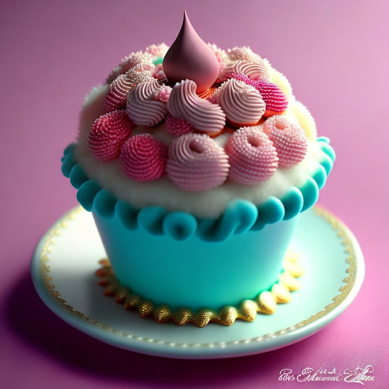 Colorful Cupcake with Pink and White Icing on Blue Base