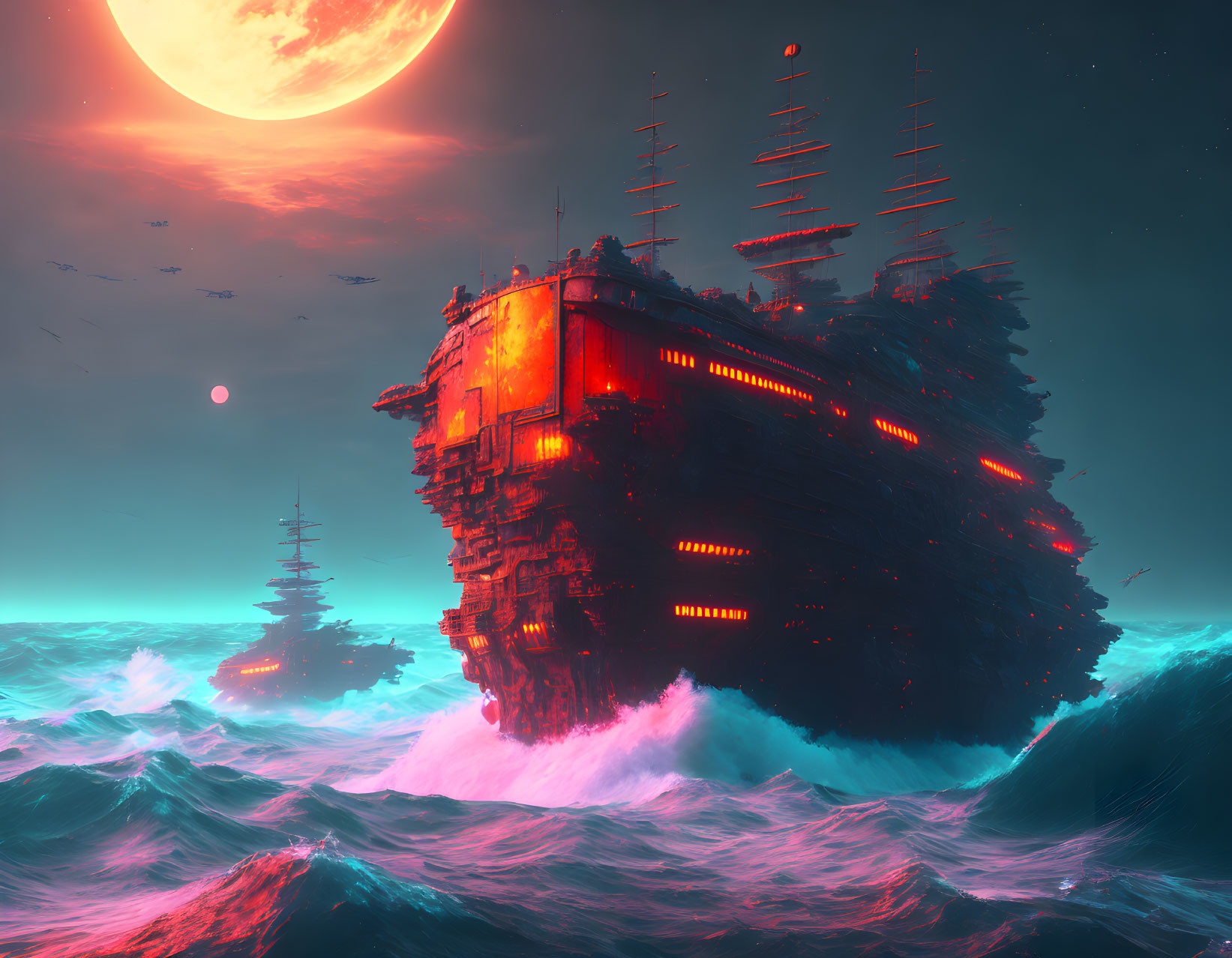 Gigantic futuristic ship on stormy ocean with red moon