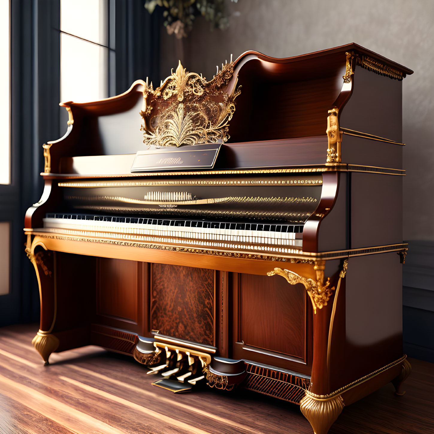 Luxurious grand piano with gold details in dark room