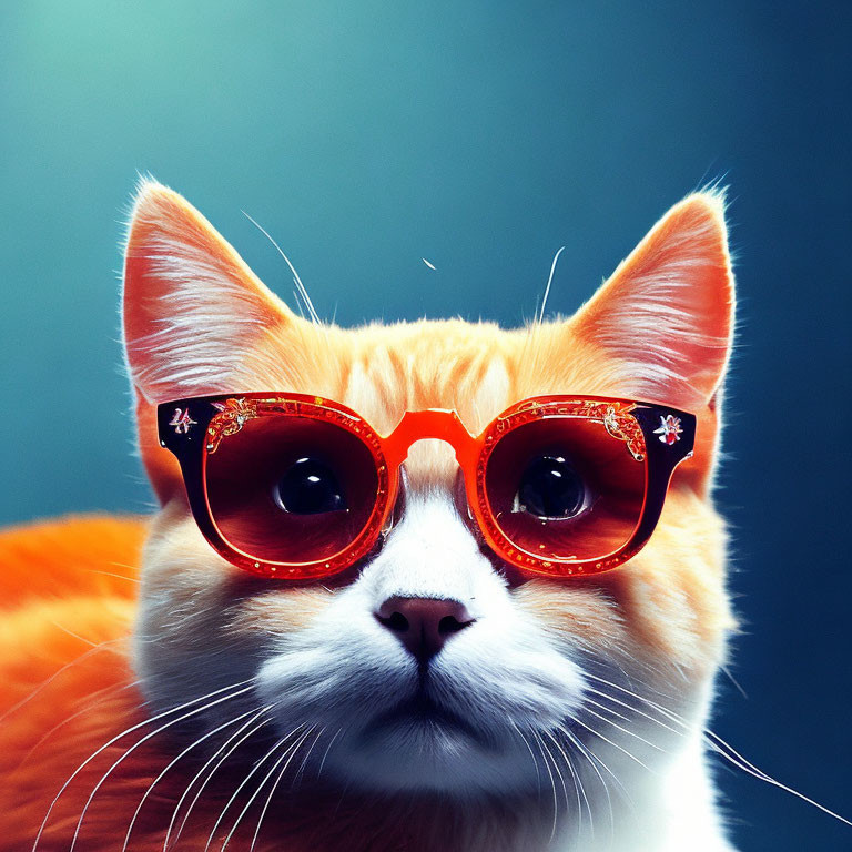 Orange and White Cat with Large Eyes in Red Sunglasses on Teal Background