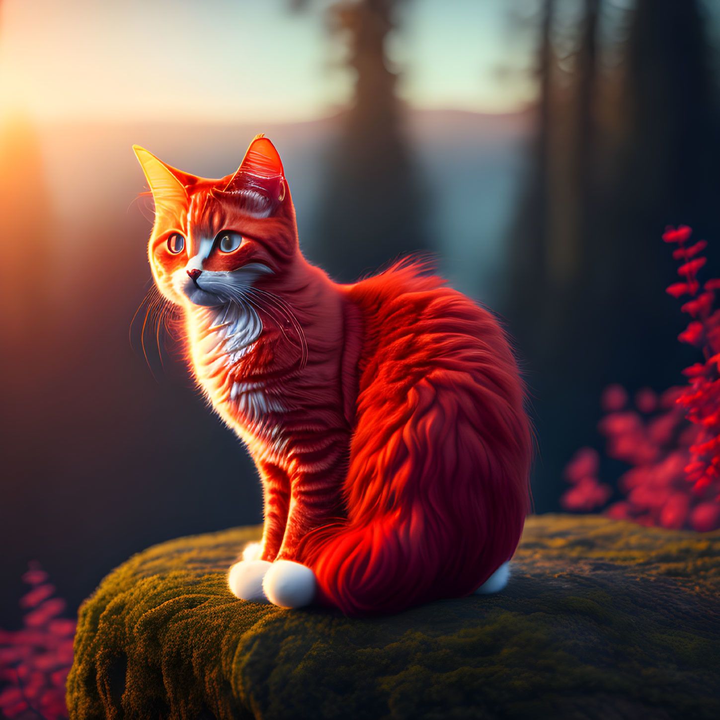 Orange Cat with White Paws on Mossy Rock in Forest Sunset