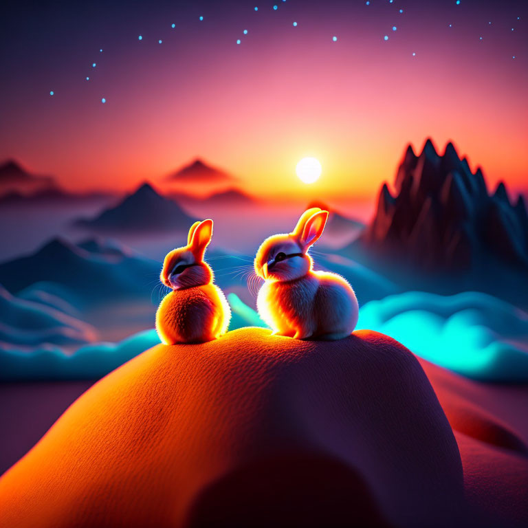 Rabbits on sand dune at sunset with mountains and starry sky