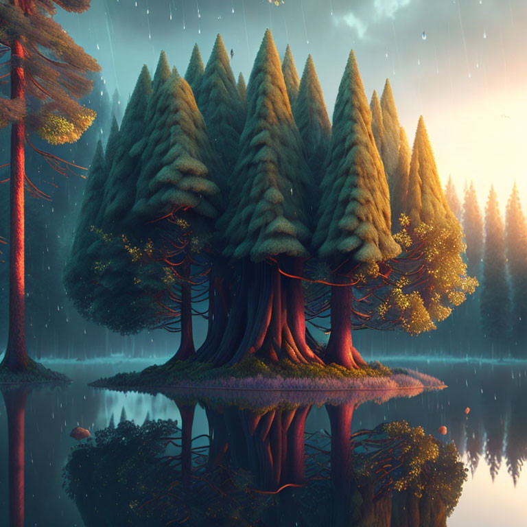 Tranquil lake reflects twilight forest scene