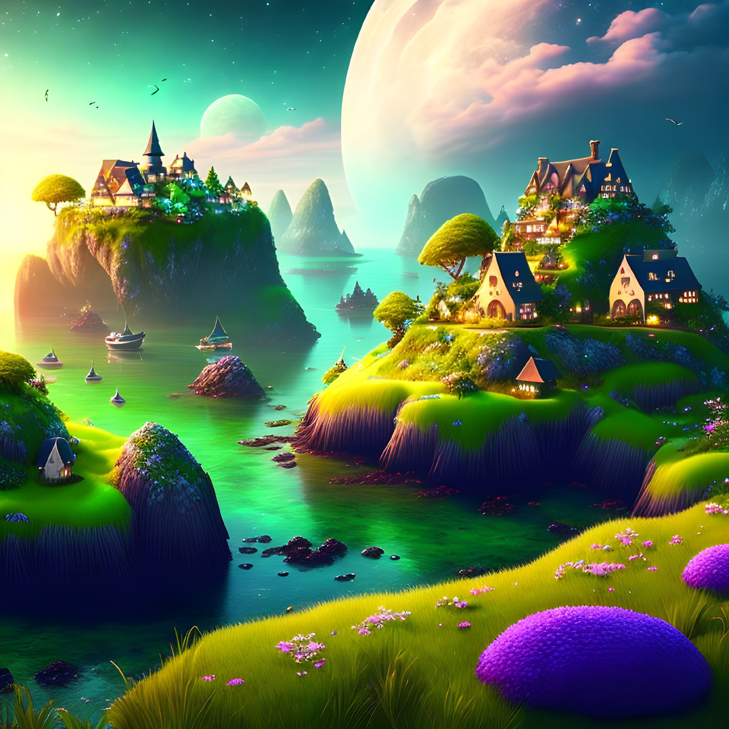 Fantasy landscape with illuminated houses, moonlit sky, and lush cliffs