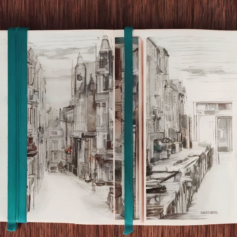 Dual open sketchbooks on wooden surface showcasing continuous city street drawing across pages