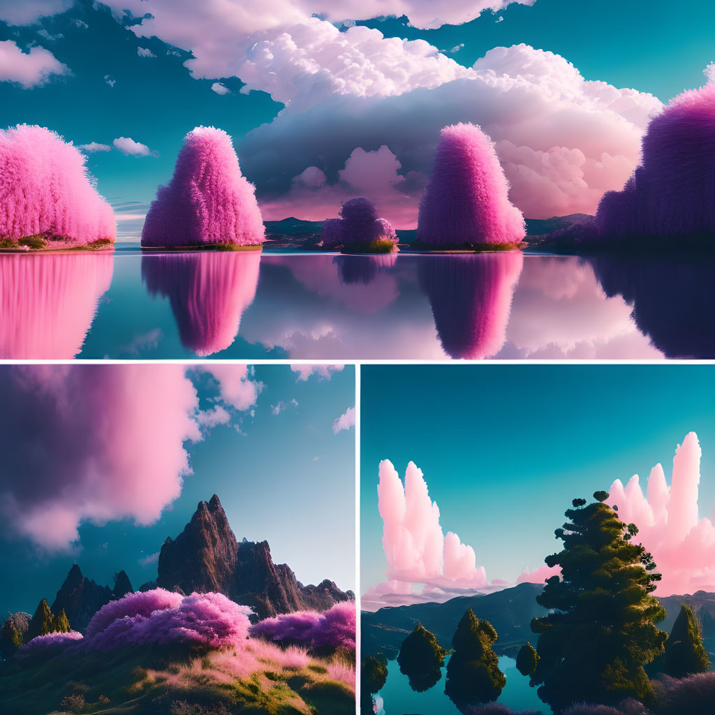 Surreal pink trees in vibrant landscapes with tranquil waters