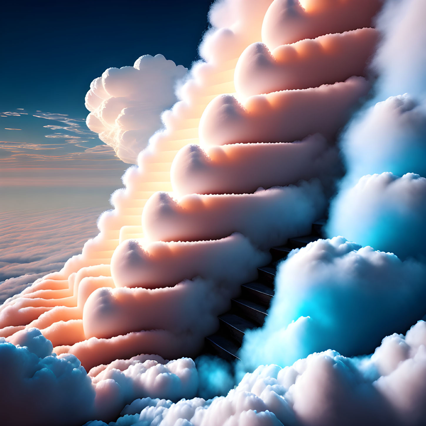 Vibrant surreal staircase in blue, orange, and white clouds