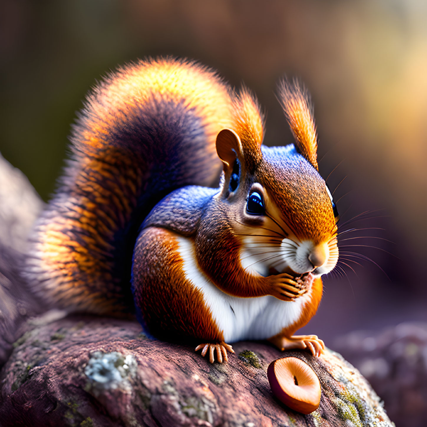 Fluffy squirrel eating nut on tree branch in serene natural scene