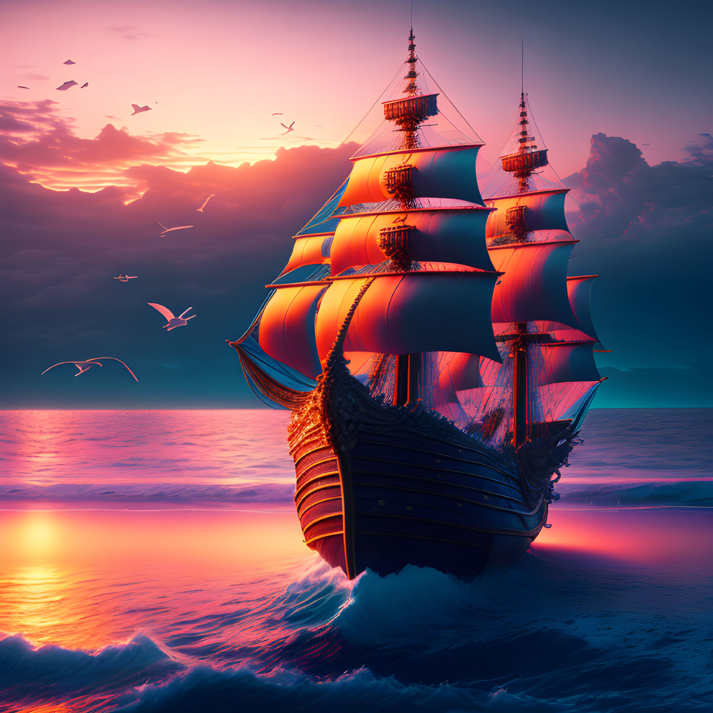 Majestic sailing ship with illuminated sails on vibrant sunset ocean.