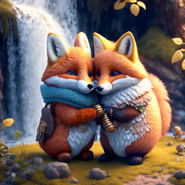 Vibrant orange fur foxes nuzzling near waterfall in autumn setting