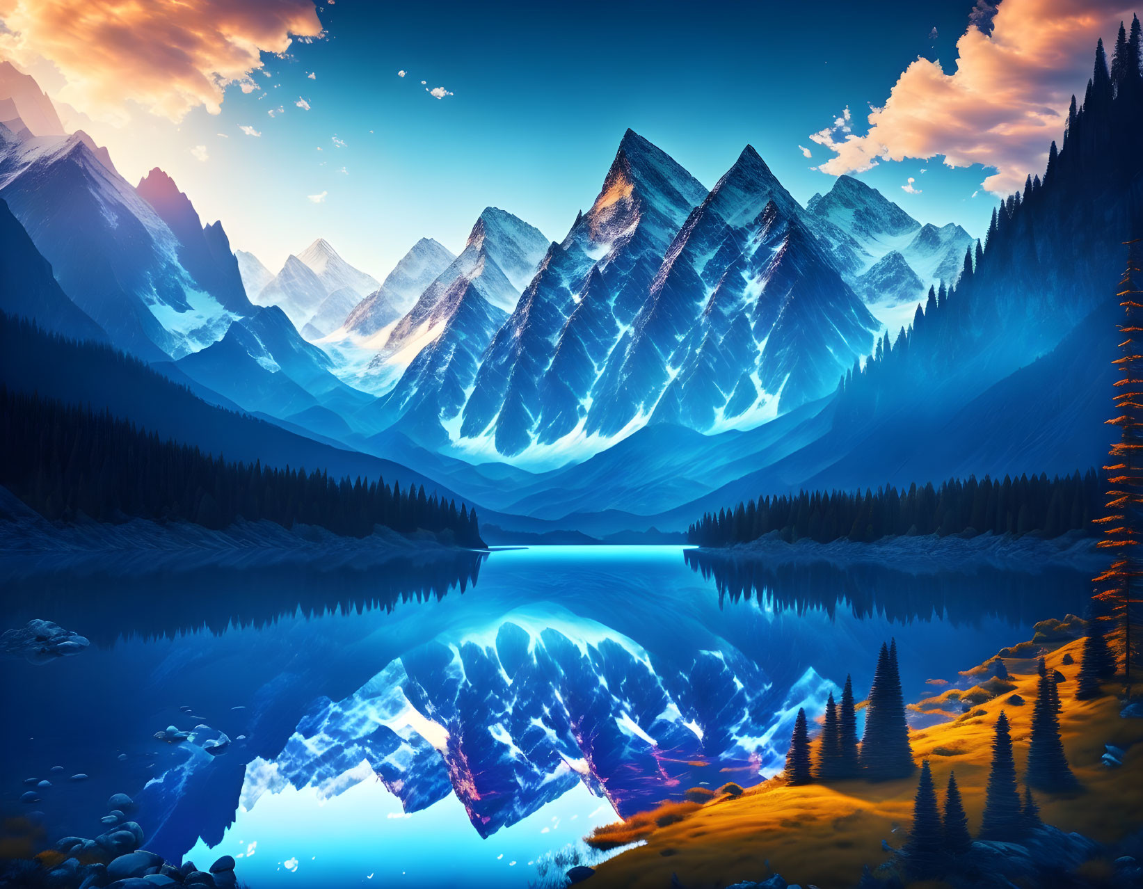 Tranquil digital artwork of mountain range, lake, and twilight sky