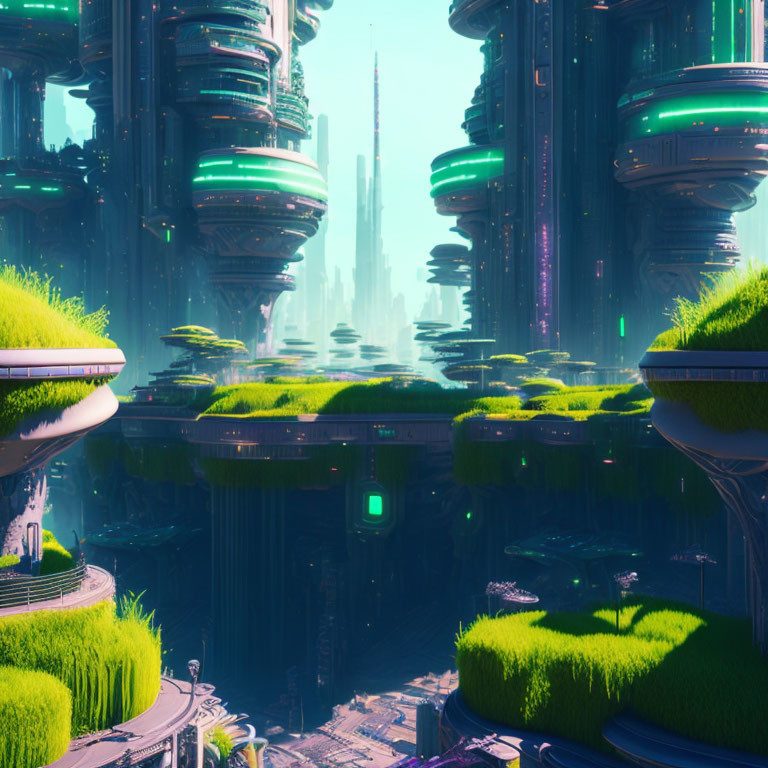 Futuristic cityscape with greenery on towering skyscrapers