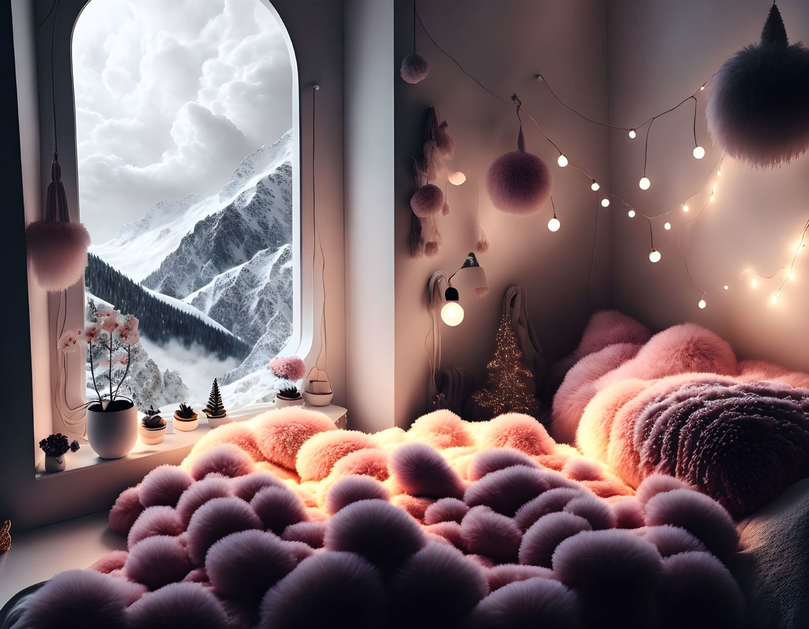 Cozy room with snowy mountain view and warm decor.