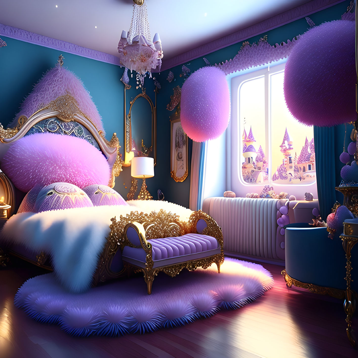 Whimsical purple and gold themed bedroom with fancy bed and fairytale castle view