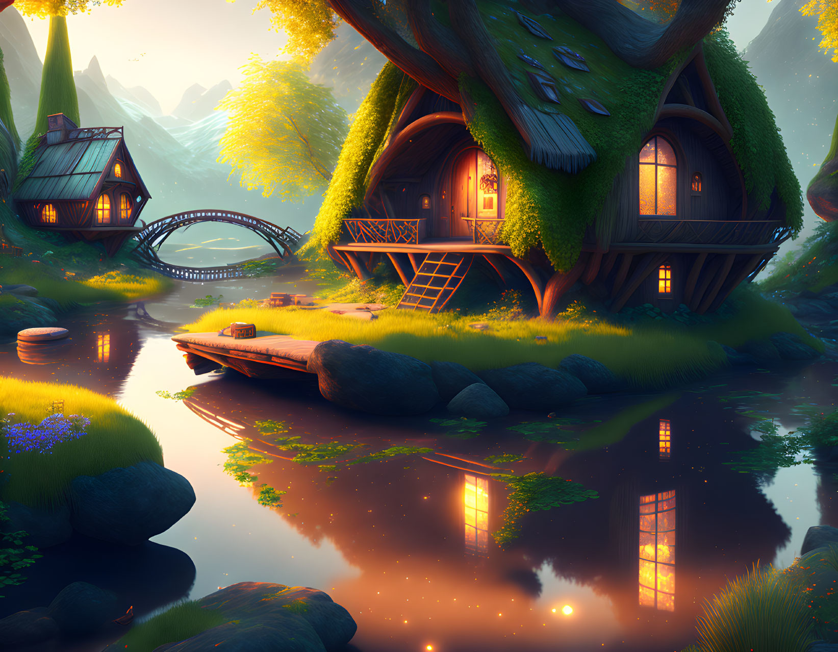 Fantasy landscape with cozy treehouse, lush vegetation, river, and bridge