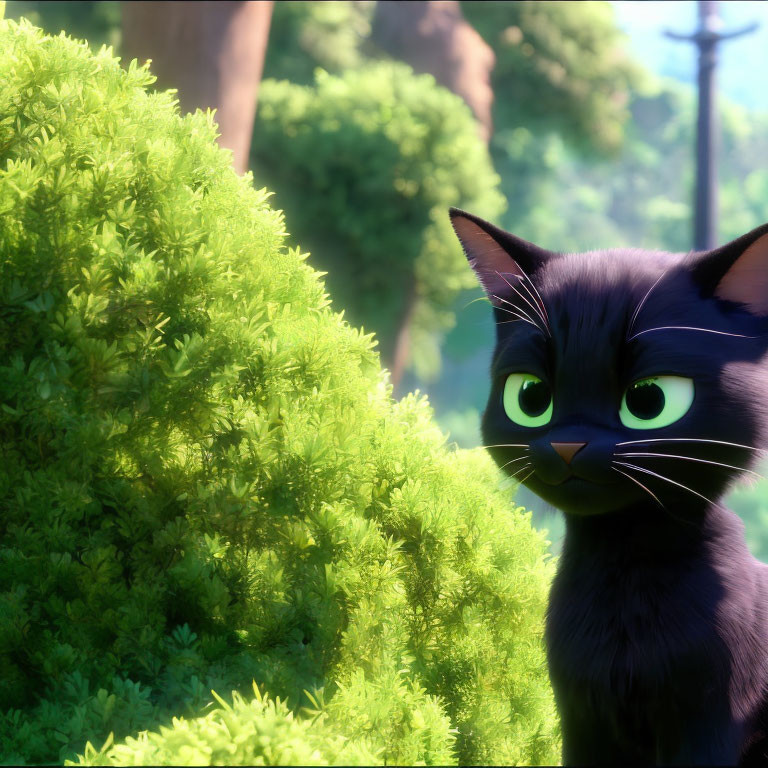 Black animated cat with green eyes in sunlit forest bush