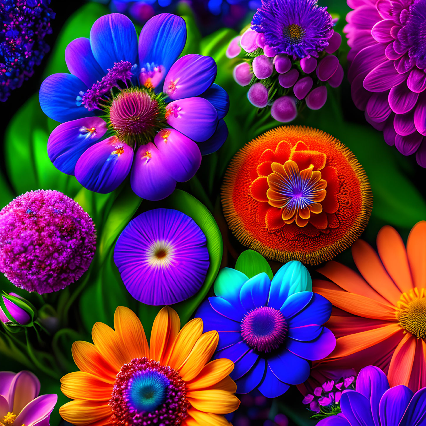 Colorful Flower Collection Featuring Blues, Purples, Oranges, and Pinks