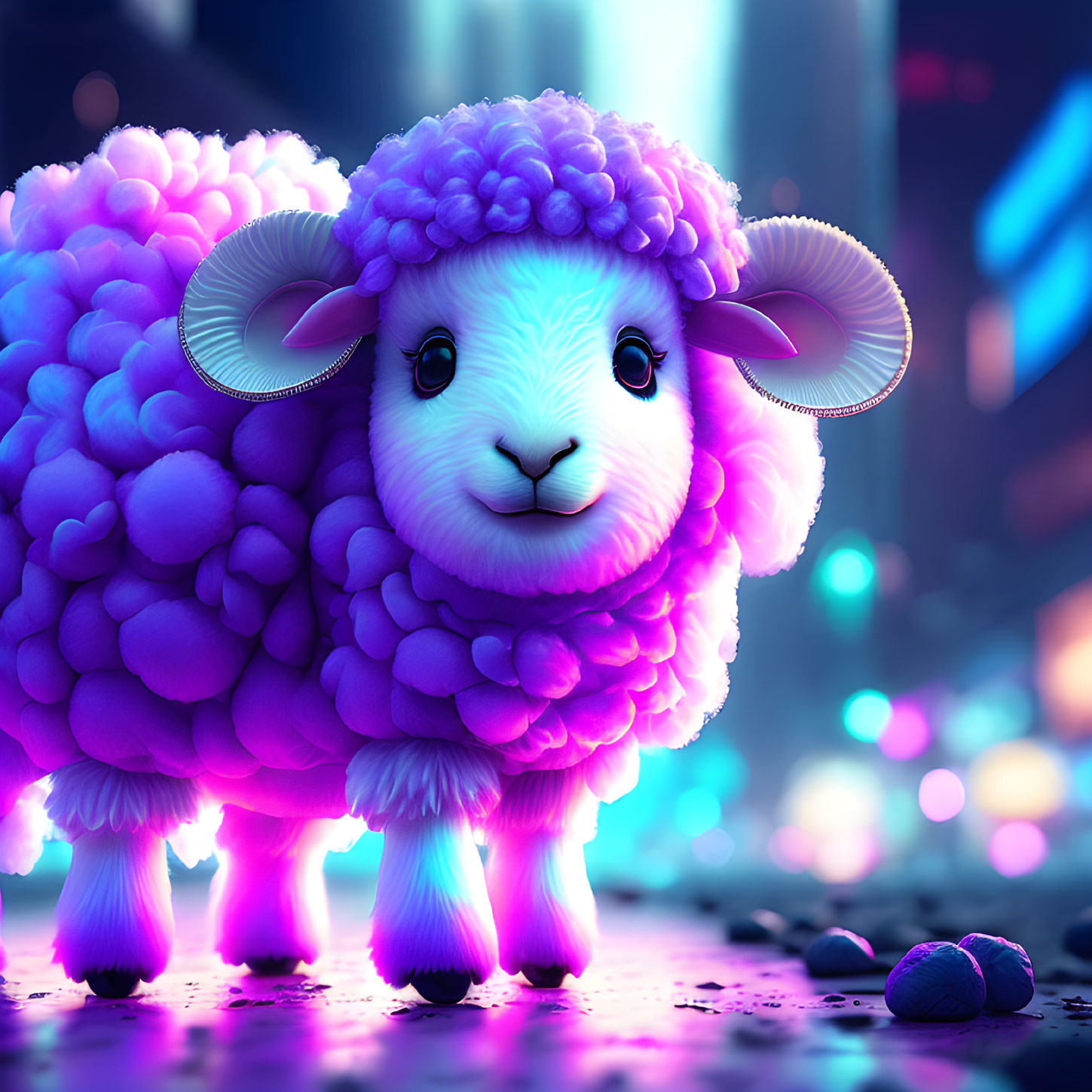 Fluffy purple sheep with smiling face in neon-lit cityscape