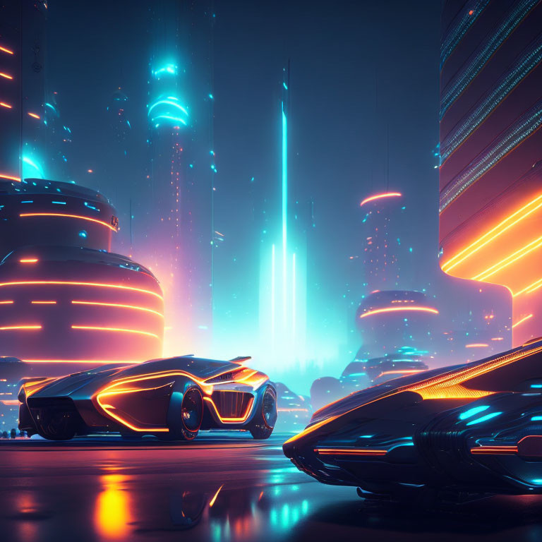 Neon-lit towers and flying cars in futuristic cityscape at dusk